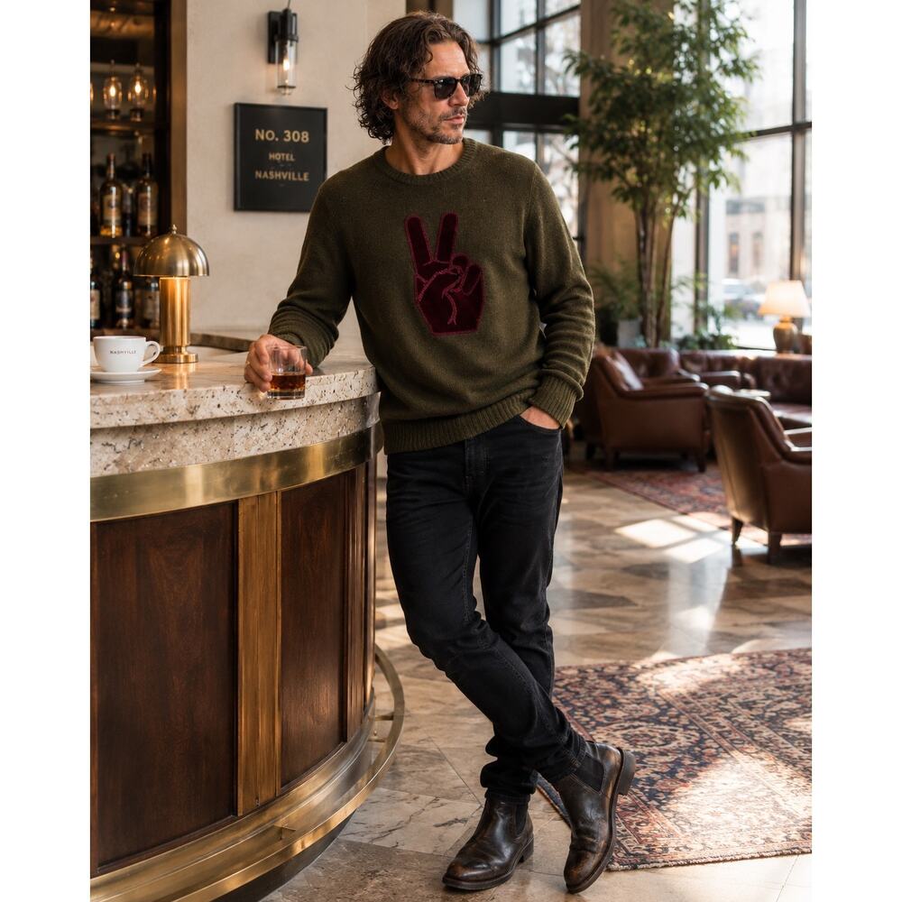 John Varvatos Cashmere Silk Wool Peace Sign Sweater XXL Green Velvet Graphic